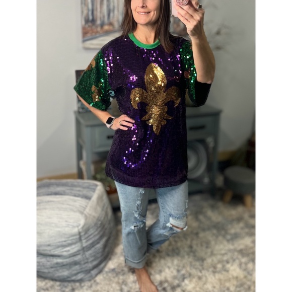 Tops - Mardi Gras Sequined Fleur de Lis Short Sleeve Parade Purple Green Gold 0923